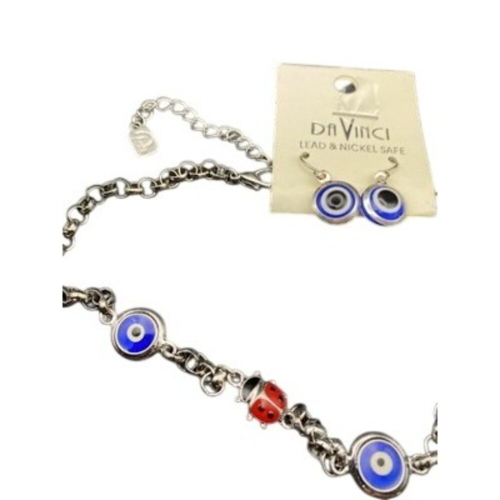 NWT Da Vinci You & I Earring Set Blue Evil Eye Red Ladybug Necklace Silver Tone